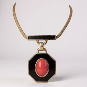 Vintage Givenchy 1977 Octagon Pendant Necklace – Gold Tone, Red Cabochon